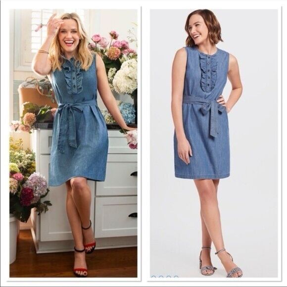 Draper James Women's Sleeveless Belted Demi Ruffled Chambray Dress Size Small - Picture 2 of 10